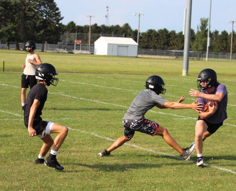 FCW's Leelynd Durbin (at far right) tries to elude the coverage during a kickoff drill at the opening day of the team's summer camp Monday, July 22, 2024, in Flanagan.