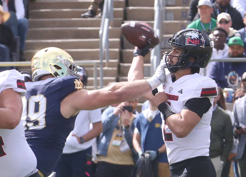 NIU quarterback Ethan Hampton looks to throw a pass as Notre Dame's Rylie Mills gets in his face on Saturday, Sept. 7, 2024 at Notre Dame Stadium.