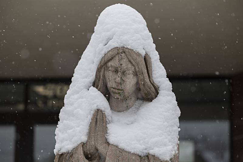 A large accumulation of snow is seen on a statue of Mary outside of St. Mary’s School in Dixon Friday, Jan. 12, 2024.
