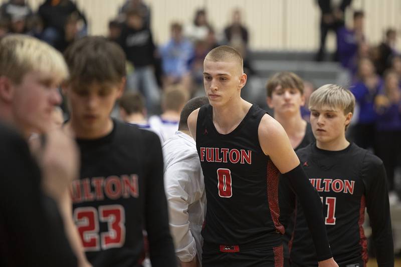 Fulton’s Baylen Damhoff comes off the court near the end of the Steamers’ loss to Pecatonica during a class 1A sectional semifinal Wednesday, Feb. 28, 2024 at River Ridge High School.