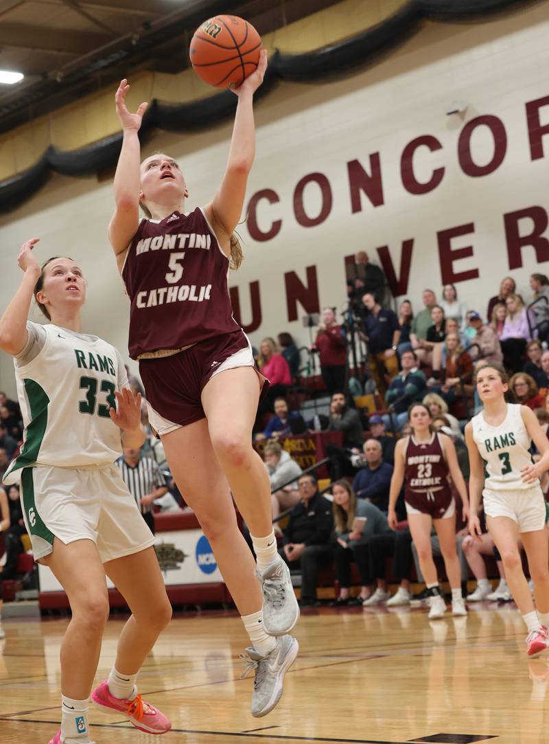 Montini Catholic’s Victoria Matulevicius (5) takes it to the hoop against Grayslake Central during the girls Class 3A Concordia University Supersectional basketball game on Monday, Feb. 26, 2024 in River Forest, IL.