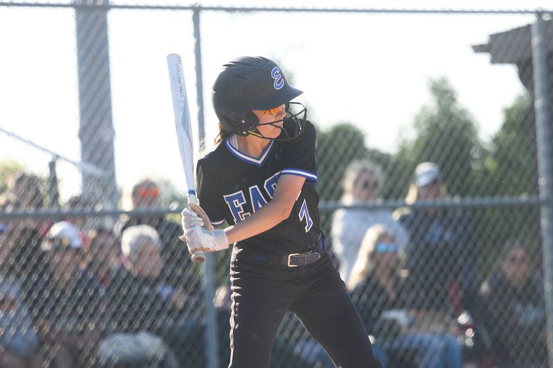 Lincoln-Way East’s Lea Herkel locks in on a pitch against Lincoln-Way Central in the Class 4A Lincoln-Way Central Sectional semifinal on Wednesday, May 29, 2024 in New Lenox.