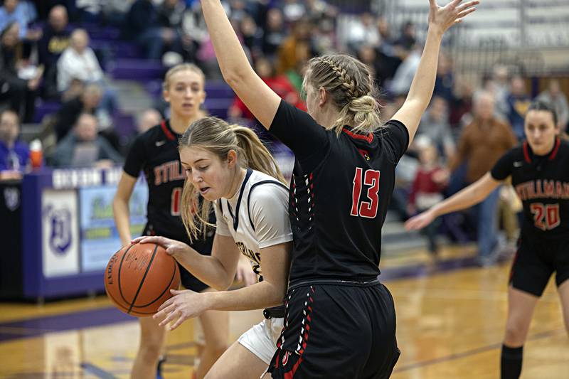 Sterling’s Olivia Melcher works down low against Stillman Valley’s Mya Janssen Thursday, Dec. 28, 2023 at the Dixon KSB Holiday tournament.