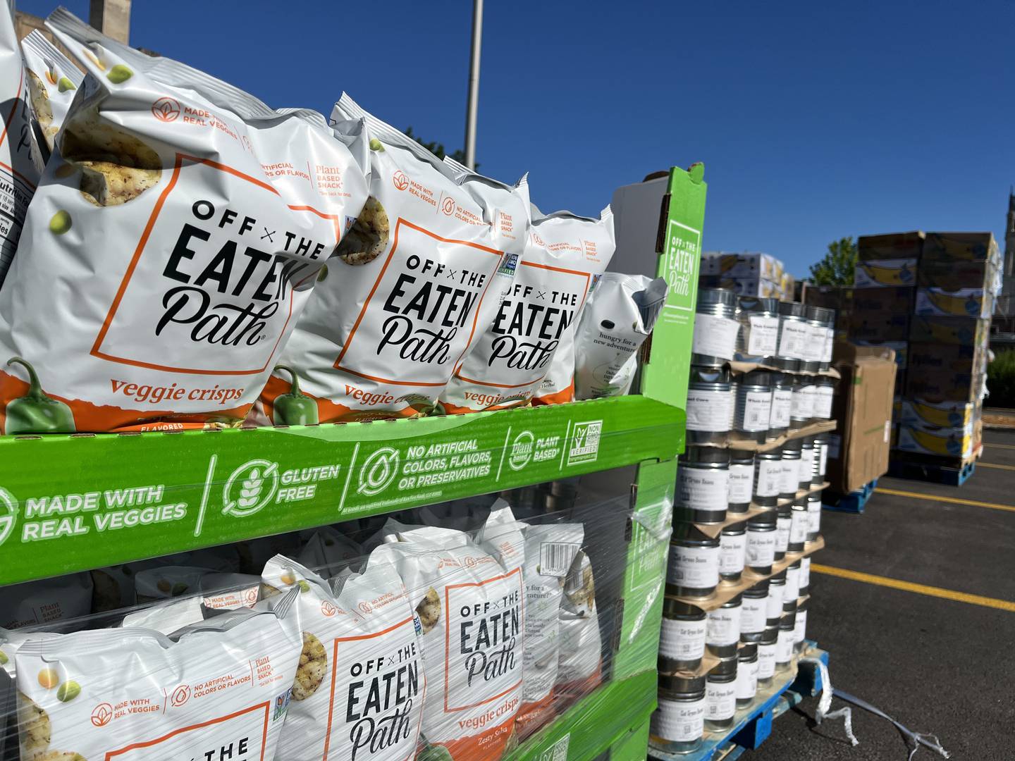 Bags of veggie crisps at a free food giveaway event on Saturday, May 25, outside the Will County office building, 302 N. Chicago St., Joliet. The event was hosted by Will County Executive Jennifer Bertino-Tarrant and nonprofit organization ShareFest Will County.