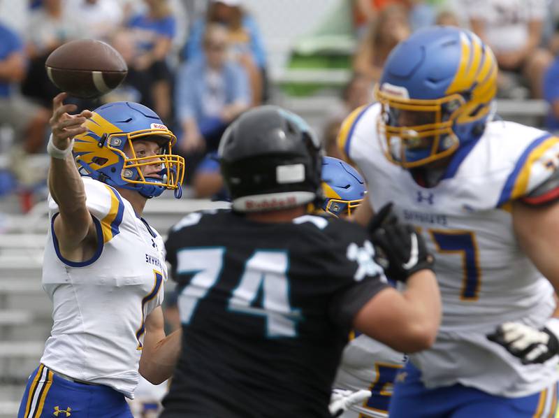 Johnsburg's AJ Bravieri throws a pass during a Kishwaukee River Conference football game against Woodstock North Saturday, Aug. 26, 2023, at Woodstock North High School.