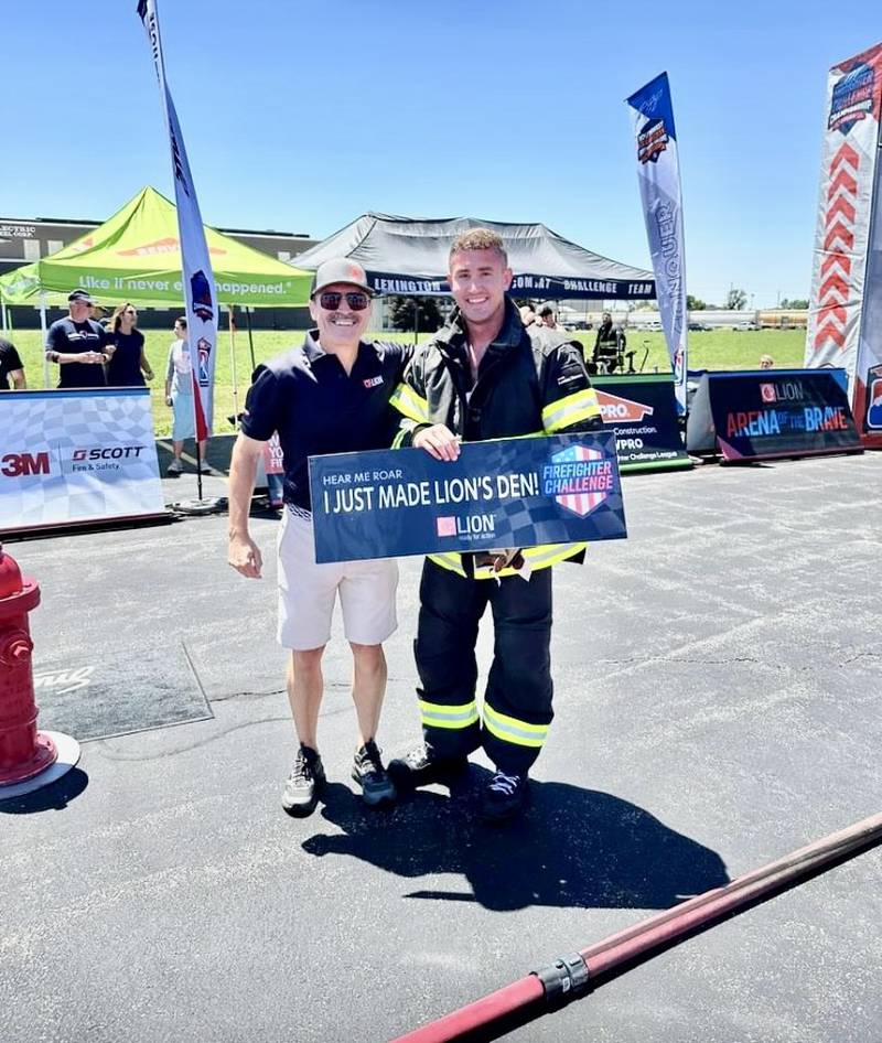 Princeton Fire Department Lieutenant Eli VanAutreve punched his ticket into the exclusive Lion's Club coin after beating the three required time with three seconds to spare in the Firefighters' Challenge at the Midwest Regional in Valparaiso, Ind.