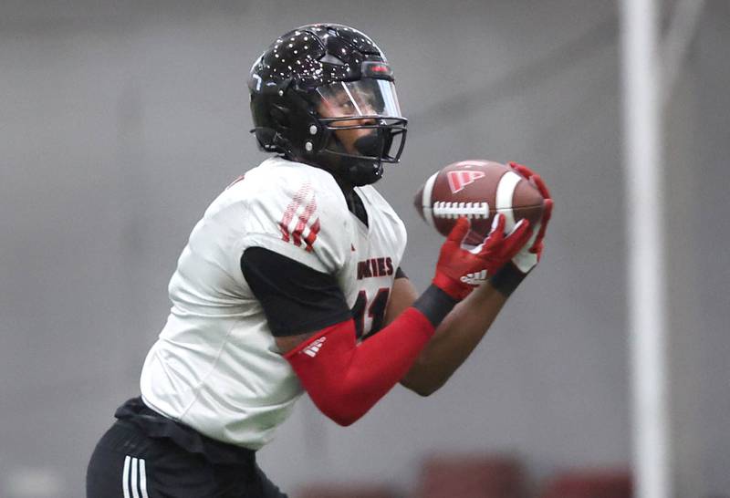 Northern Illinois University tight end Chris Carter hauls in a long pass Tuesday, March 26, 2024, during spring practice in the Chessick Practice Center at NIU in Dekalb.