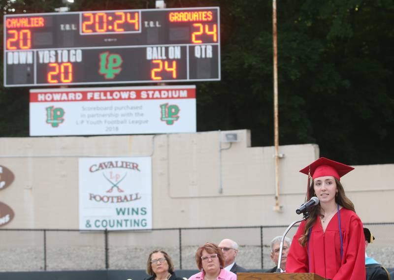 La Salle-Peru Township High School student council president Meghan Ostler, delivers a speech during the 126th annual commencement graduation ceremony on Thursday, May 16, 2024 in Howard Fellows Stadium.
