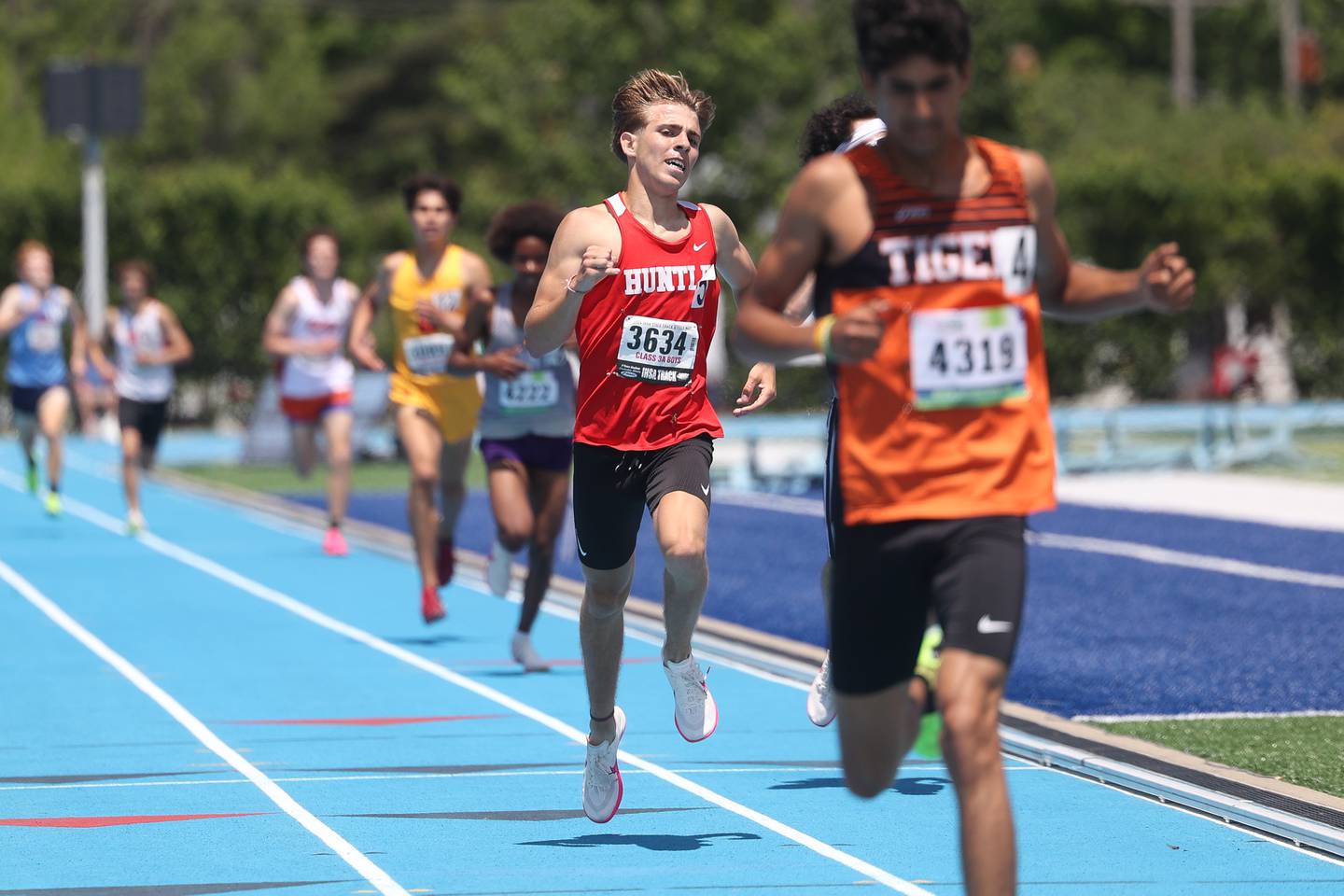 Huntley’s Tommy Nitz crosses the finish line in the Class 3A 3200 Meter State Championship on Saturday, May 25, 2024 in Charleston.