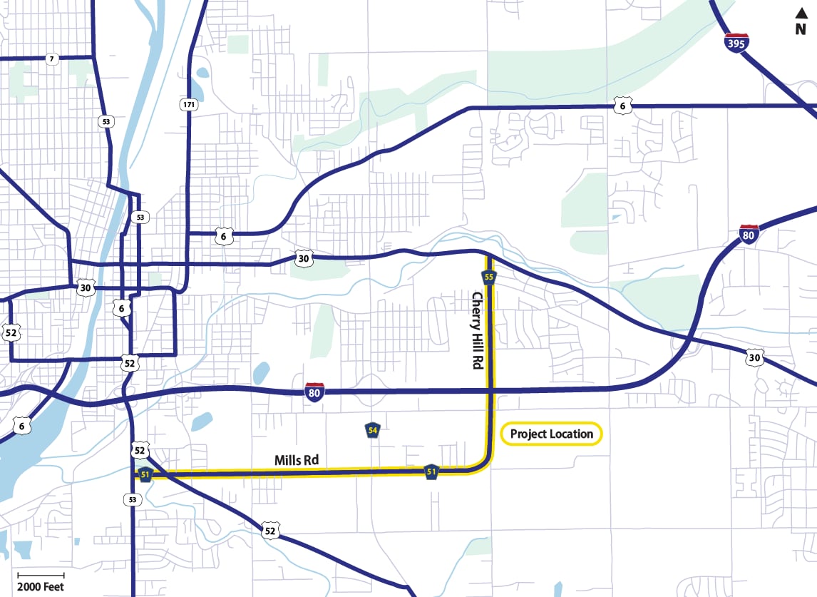 Map of the Mills Road-Cherry Hill Road corridor.