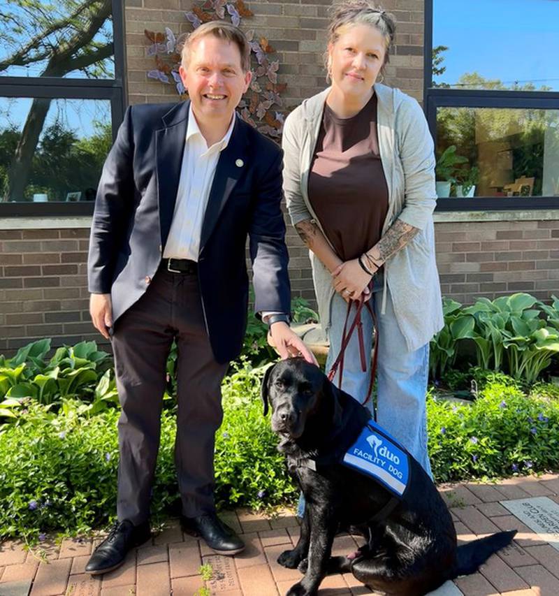 Lake County State's Attorney Eric Rinehart, LCCAC’s Education and Outreach Specialist Carrie Wings and Duo Dog Linden