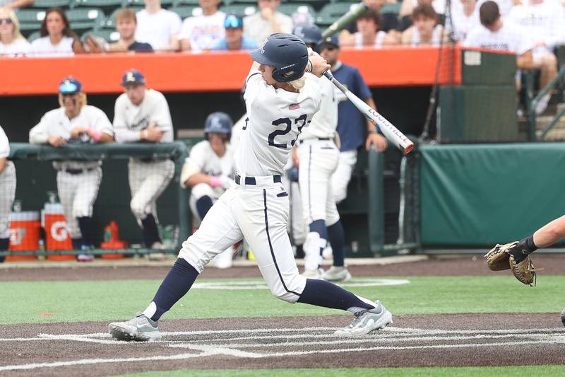 Lemont’s Shea Glotzbach connects for a single against Crystal Lake Central in the IHSA Class 3A Championship game on Saturday June 8, 2024 Duly Health and Care Field in Joliet.
