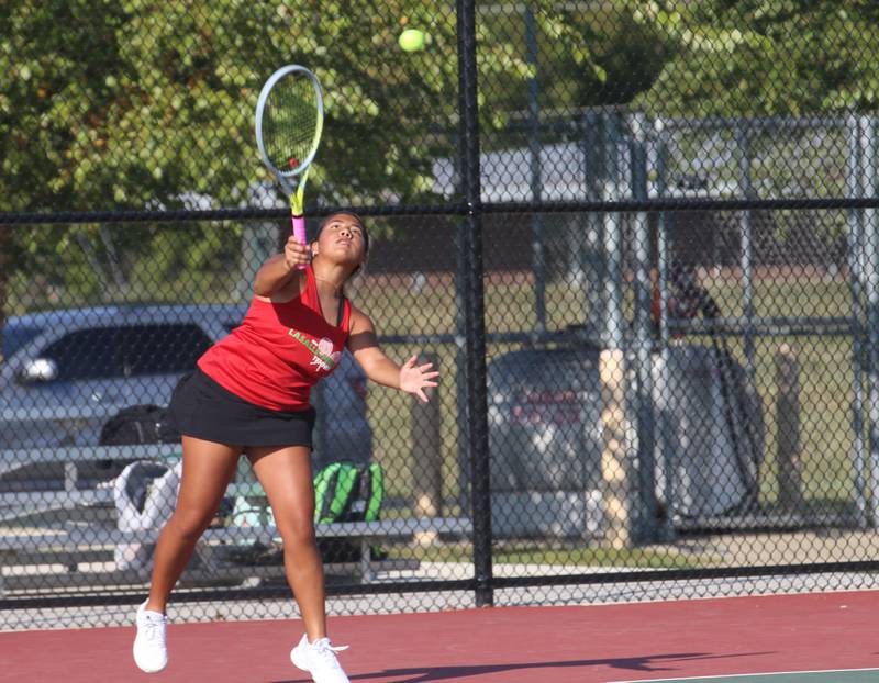 L-P's Eva Cervantes returns a serve while playing Ottawa on Tuesday, Sept. 17, 2024 at the L-P Athletic Complex in La Salle.