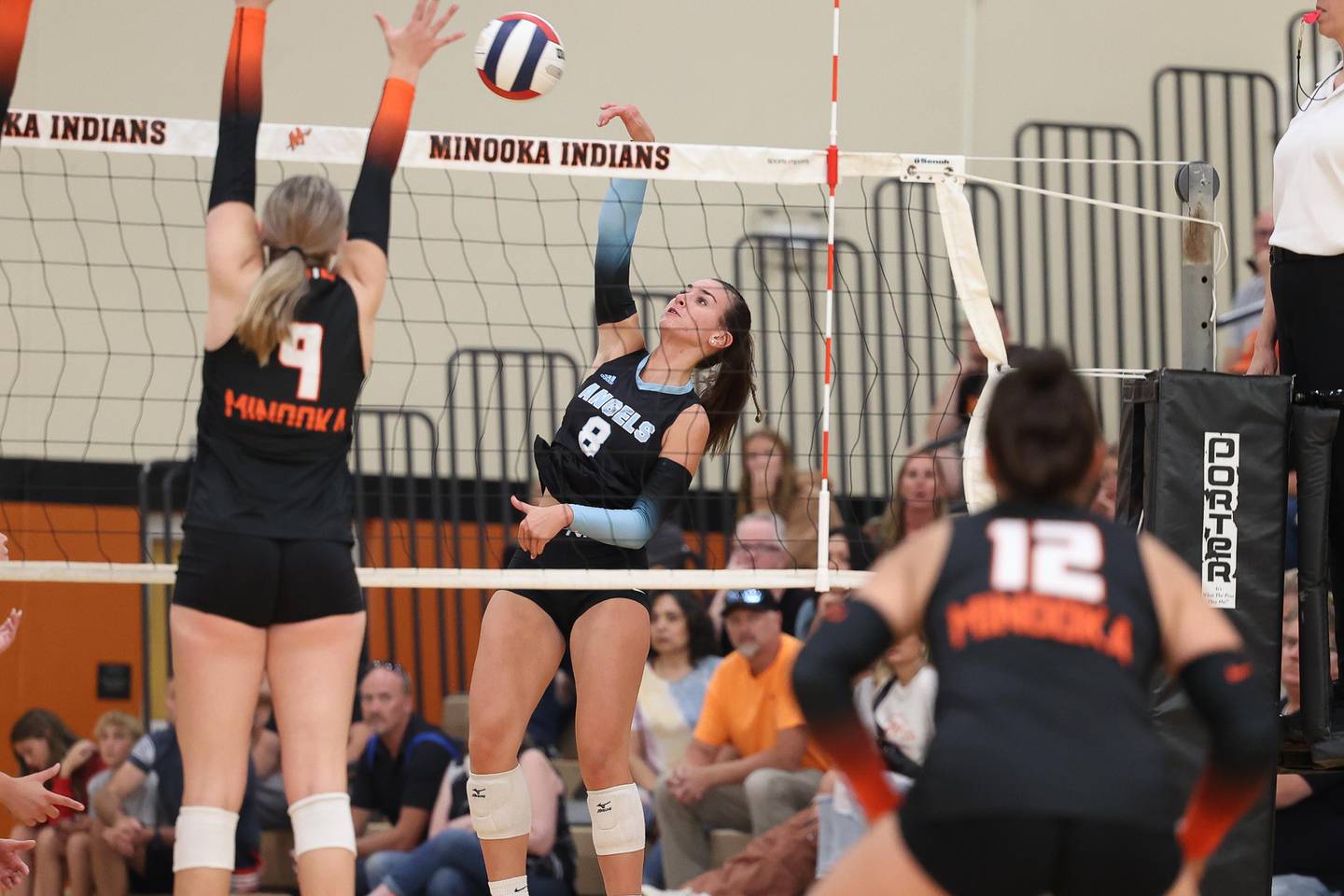 Joliet Catholic’s Olivia Chovanec hits a shot against Minooka on Wednesday, Sept. 4, 2024 in Minooka.