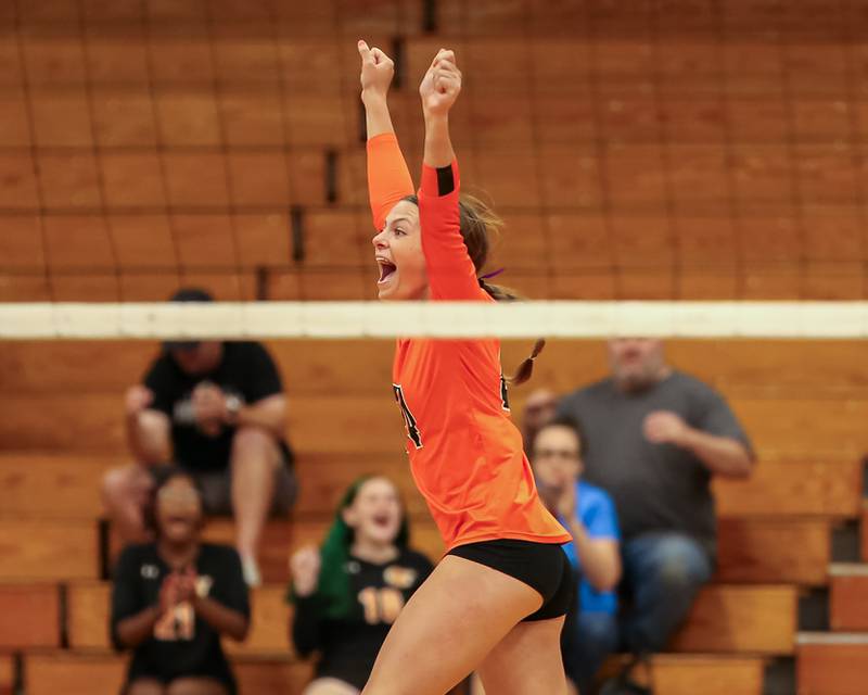 Sandwich's Brooklyn Marks (24) celebrates a point during volleyball match between Sandwich at Plano.  August 21, 2023.