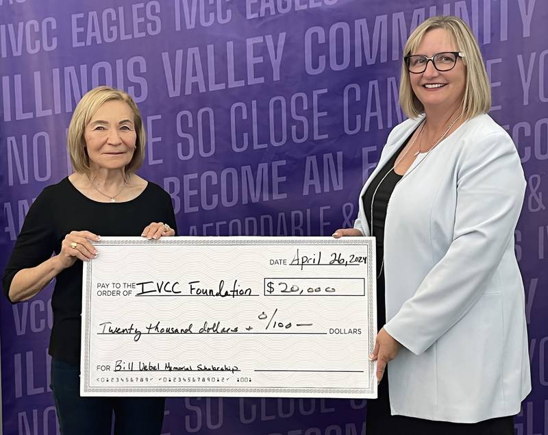 The family of retired instructor William Uebel has created a scholarship in his memory to support the dreams of Illinois Valley Community College students who pursue secondary education degrees. Bill’s wife, Ronnie (left), is shown with IVCC President Tracy Morris on behalf of the IVCC Foundation.