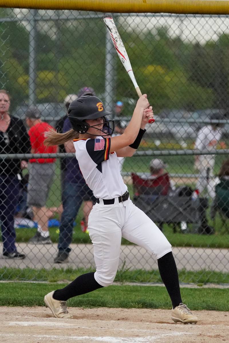 Batavia's Adriana Platt (3) drives in a run against Geneva during a softball game at Batavia High School on Wednesday, May 8, 2024.