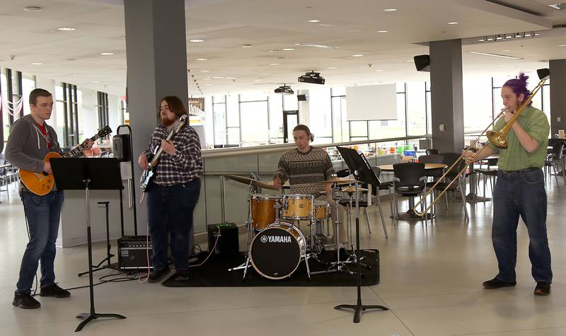 Members from the Waubonsee Jazz Club, (l-r) Jack McGreevy, Frank Korf, Joe Messina and Jack Smith, perform at the Transfer and Career Open House at the Sugar Grove Campus on April 20, 2024.
