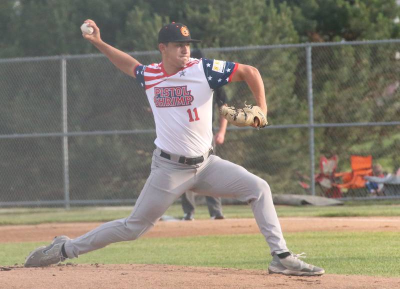 Illinois Valley Pistol Shrimp's Joseph Martin of Newark, lets go of a pitch at Schweickert Stadium on Tuesday, June 11, 2024 in Peru.