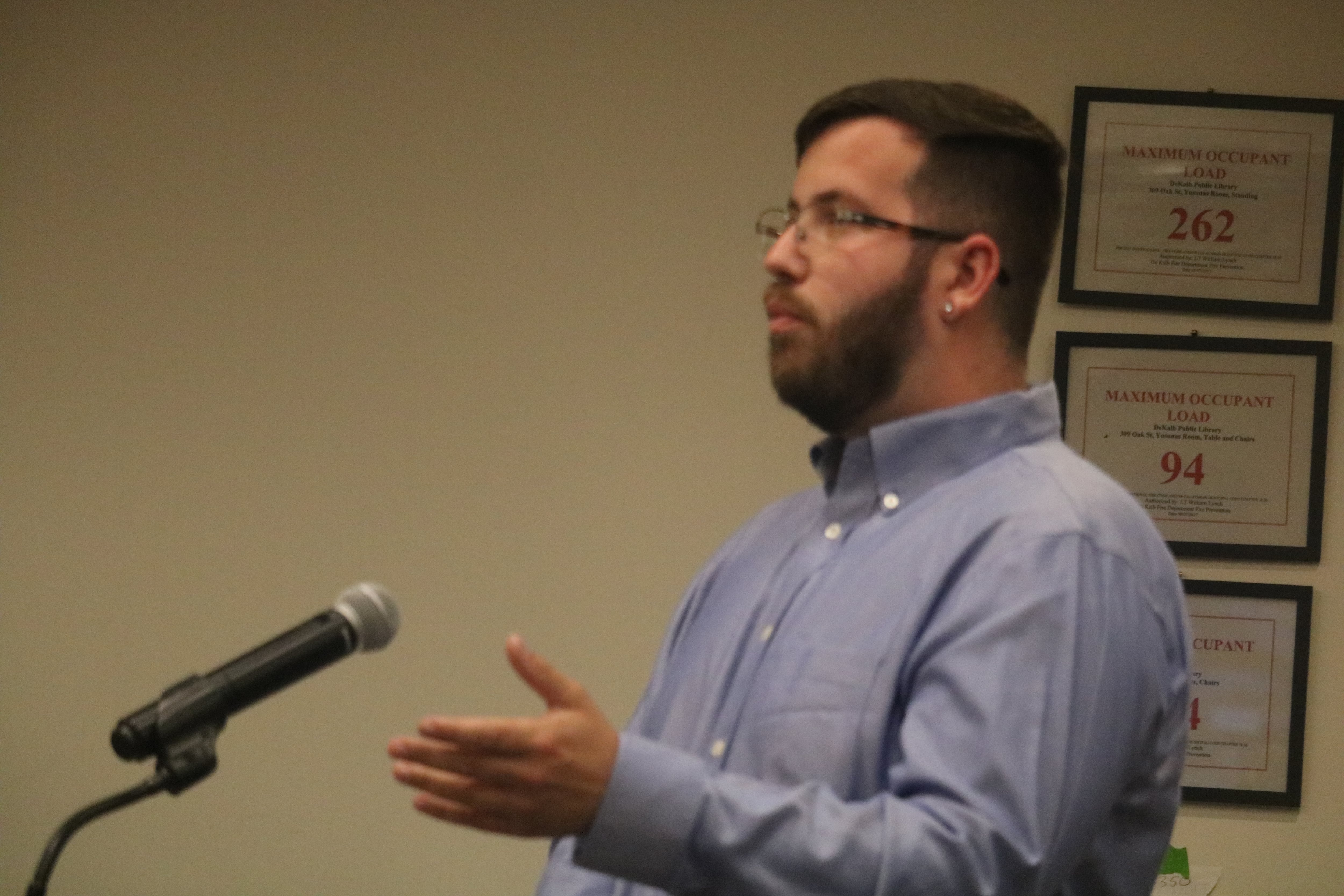 Miles Mapes, managing partner for DeKalb Wreckroom, speaks at the Aug. 5, 2024 meeting of the DeKalb Planning & Zoning Commission.