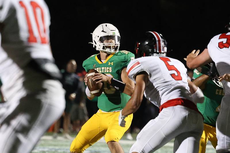 Providence’s Leo Slepski looks to pass against Lincoln-Way Central on Friday, Sept. 6, 2024 in New Lenox.