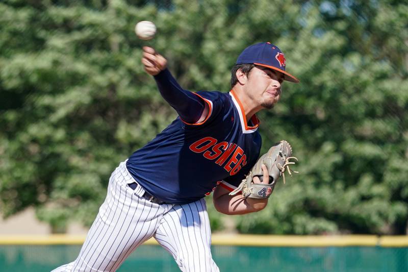 Oswego’s Brogan Mello (3) delivers a pitch against Hinsdale Central during a Class 4A Waubonsie Valley Regional semifinal baseball game at Waubonsie Valley High School in Aurora on Wednesday, May 22, 2024.