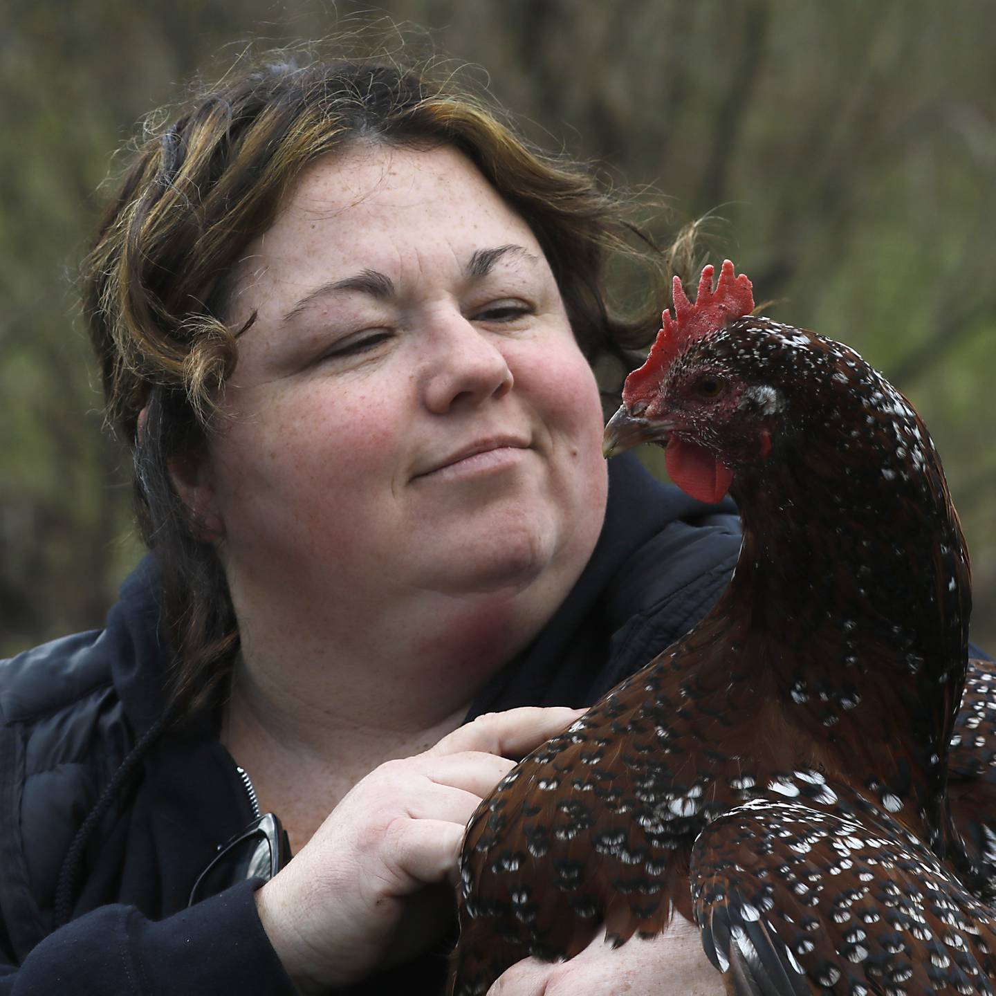 Jessica Martell with one of her backyard chickens, Maui, on Wednesday, March 27, 2024, at her home on Half Mile Trail north of Crystal Lake.