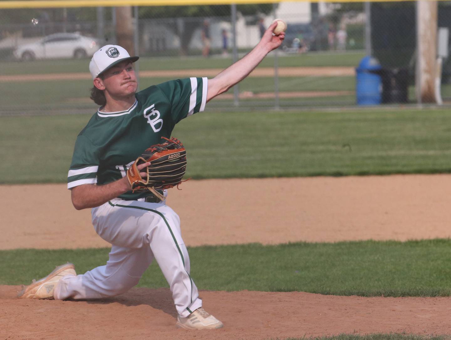 St Bede pitcher Seth Ferrari delivers a pitch to Yorkville Christian in the Class 1A Regional semifinal game on Thursday, May 18, 2023 at Masinelli Field in Ottawa.