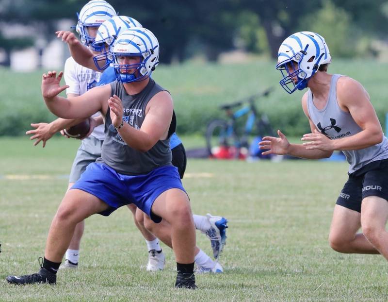 Princeton junior lineman Cade Odell works on his form in an August 2023 practice at Little Siberia.