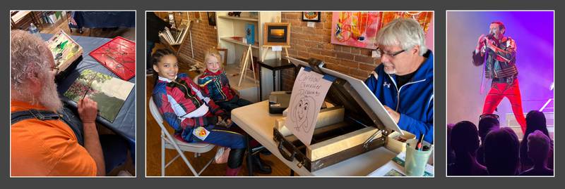 (Left to right); Artist Rick Borrett creating an acrylic painting, KVAL artist Wayne Roe drawing a cartoon character, and a “Spectacle Entertainment” photograph taken by KVAL member Richard Born