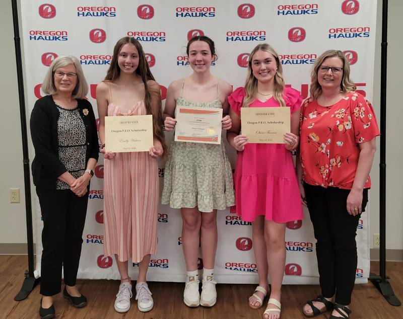 Pictured, left to right, are: Pam Steele, of Chapter IU, and scholarship winners Emily Watters, Teagan Champley, Olivia Thomas, and Jody Thomas, of Chapter IU..