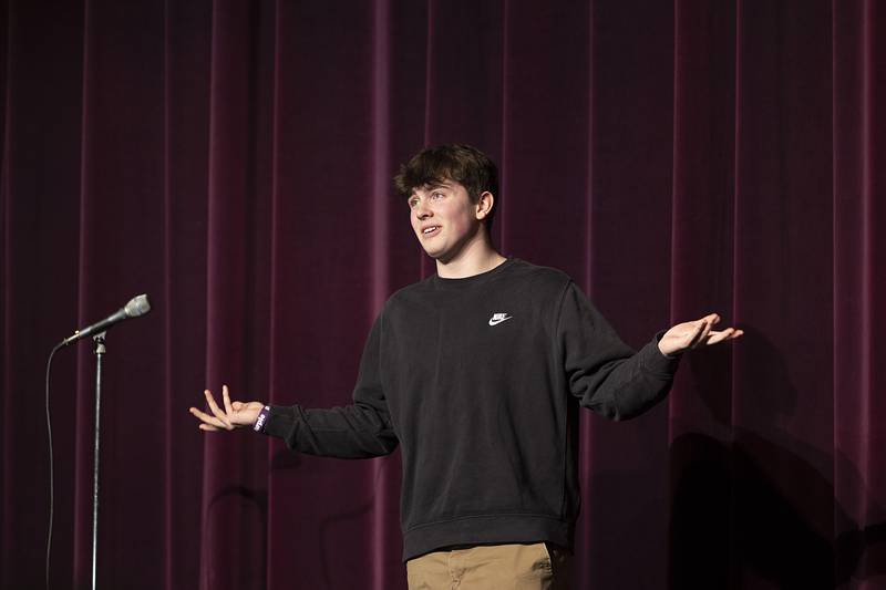 Dixon High School student Owen Winters performs “Run Away with Me” on Thursday, Feb. 15, 2024, to his classmates and Broadway star Franc D’Ambrosio at Dixon High School. D’Ambrosio offered advice to the budding performers, stressing that singing isn’t enough; acting and becoming the character they are channeling needs to be explored and honed.