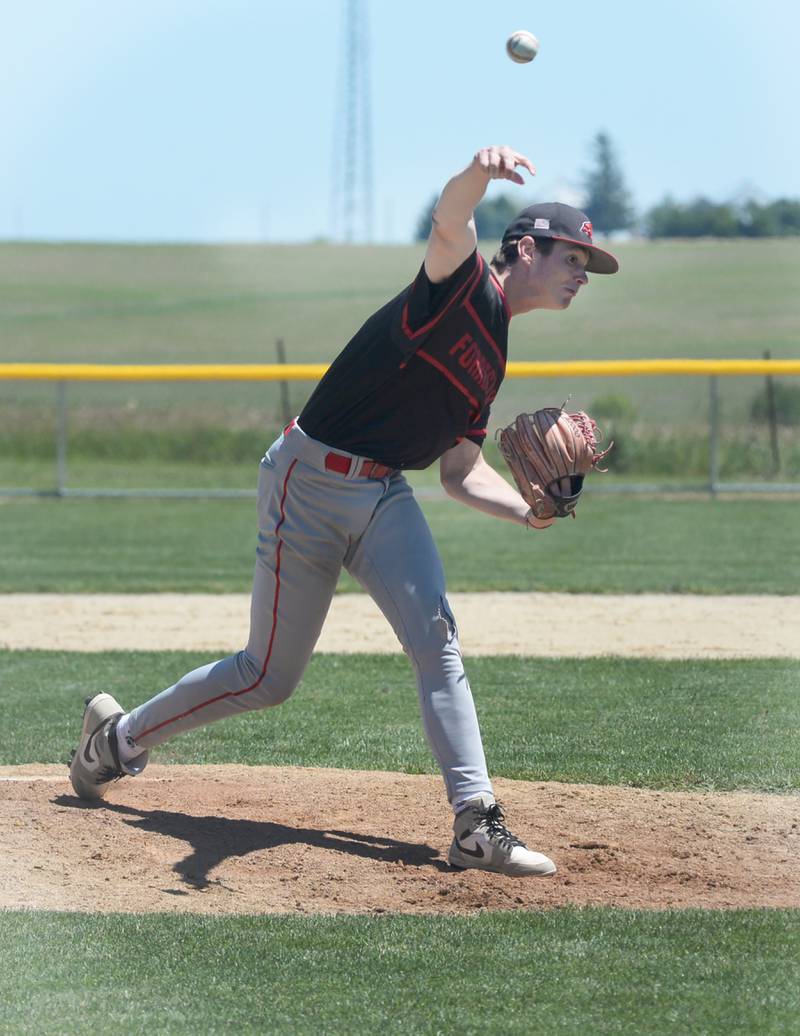 Forreston's Brendan Gfreenfield pitches during the 1A sectional championship game with East Dubuque on Saturday, May 25, 2024 at Forreston High School. East Dubuque scored two in the top of the seventh inning to win the game 4-3.