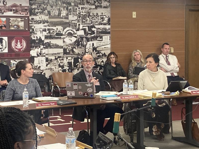 Lockport Township High School District 205 Superintendent Dr. Robert McBride presides over Board of Education Meeting with Board Vice President Dr. Veronica Shaw and Board President Ann Lopez-Caneva on Nov. 2, 2023.