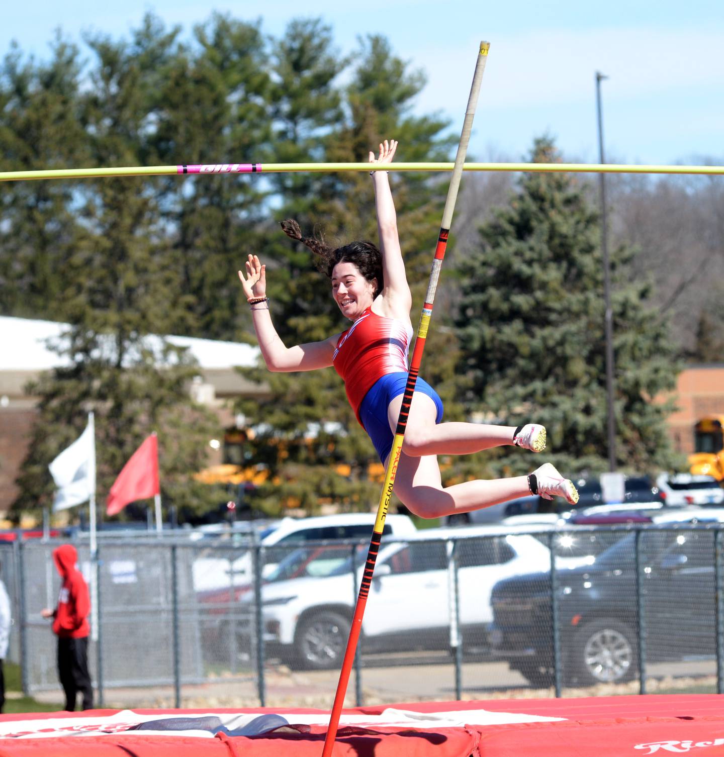 Oregon's Sonya Plescia clears the bar in the pole vault at the 44th Annual Gebhardt-Worley Invitational on Saturday, April 6, 2024 at Landers-Loomis Field in Oregon.