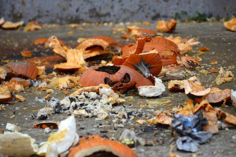 A Jack-O-Lantern snarls after meeting his demise when tossed from a fire tower during the Byron Fire Department's annual Pumpkin Smashing Event on Wednesday, Nov. 1, 2023.