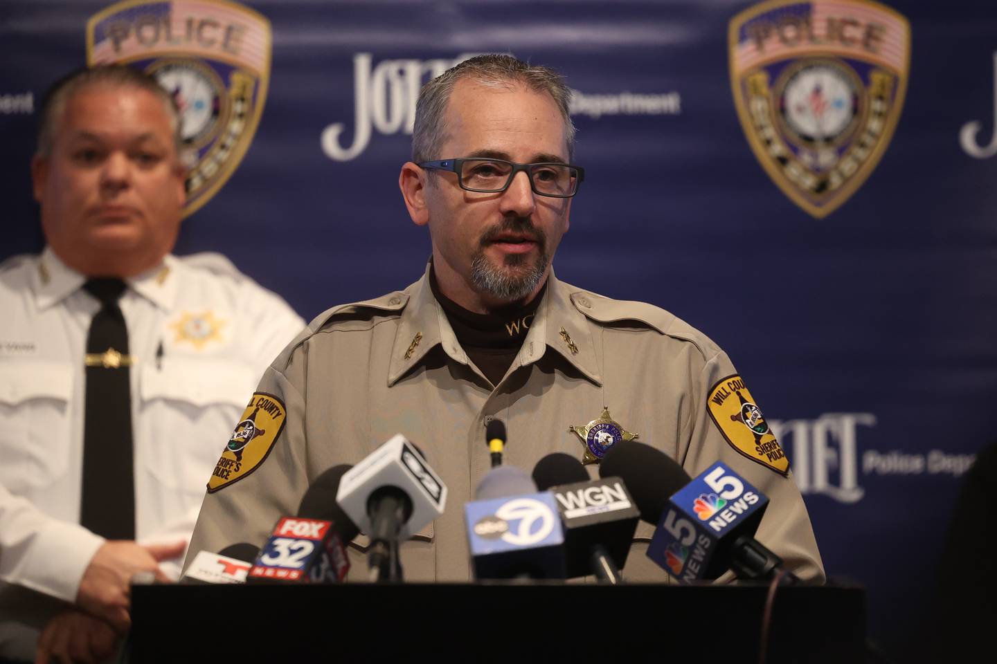 Will County Sheriff’s Deputy Chief Dan Jungles speaks at the press conference to give updates on the eight people fatally shot in Joliet and Joliet Township on Sunday at Joliet City Hall on Tuesday, Jan. 23.