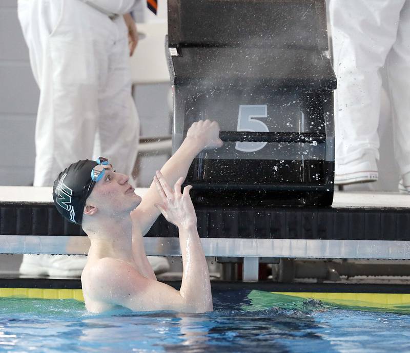 Aiden Musick, of New Trier competes in the Boys 100 Yard Butterfly during the IHSA Boys state swim finals Saturday February 25, 2023 in Westmont.