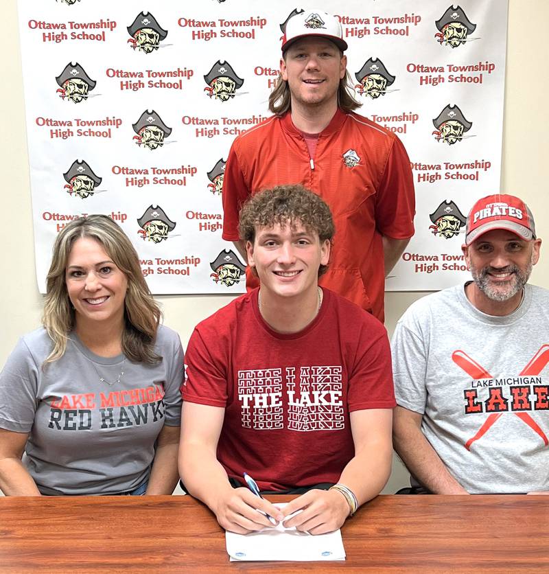 Ottawa’s Packston Miller has signed on to continue his education at Lake Michigan College in Benton Township, Michigan, and his baseball career at the NJCAA level with the Red Hawks. Miller is pictured at his signing ceremony seated alongside his parents with former Ottawa baseball coach Tyler Wargo standing.