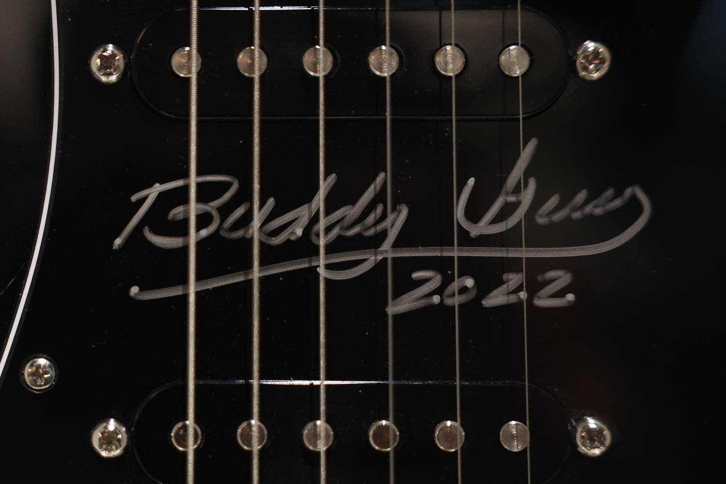 A guitar used and signed by Buddy Guy sits on display at the Illinois Rock & Roll Museum on Route 66 on Thursday, Aug. 8, 2024 in Joliet.