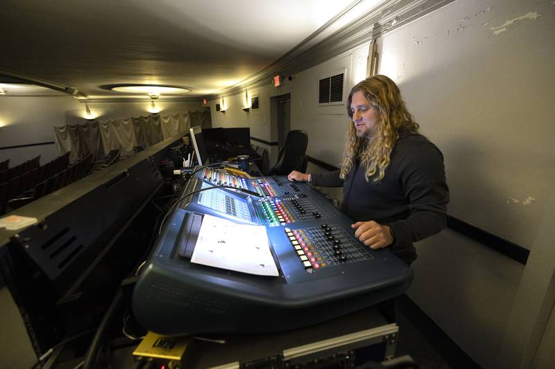 Shipp shows off the board Thursday, Oct. 19, 2023 for handling the music and vocals at The Dixon.