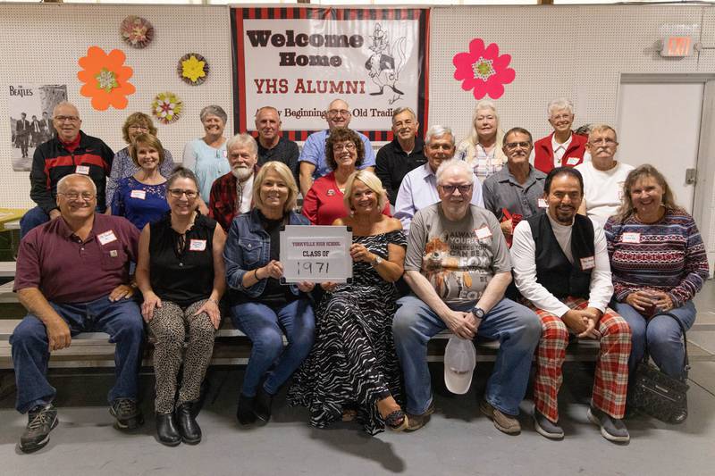 Yorkville High School graduates from the class of 1971 gather for a photo at the Yorkville High School All Alumni Reunion. The 2024 reunion will take place Saturday, Sept 28, at Kendall County Fairgrounds, 10826 Illinois Route 71, in Yorkville.