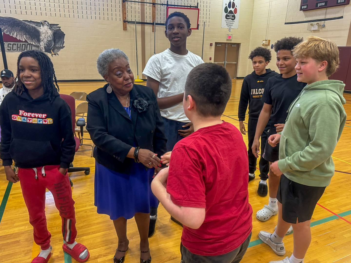 Civil Rights activist Edith Lee-Payne from Detroit interacts with John F. Kennedy Middle School eighth graders during her visit on April 25, 2024. Lee-Payne visited the school at the request of eighth grader Sofia Mercado.