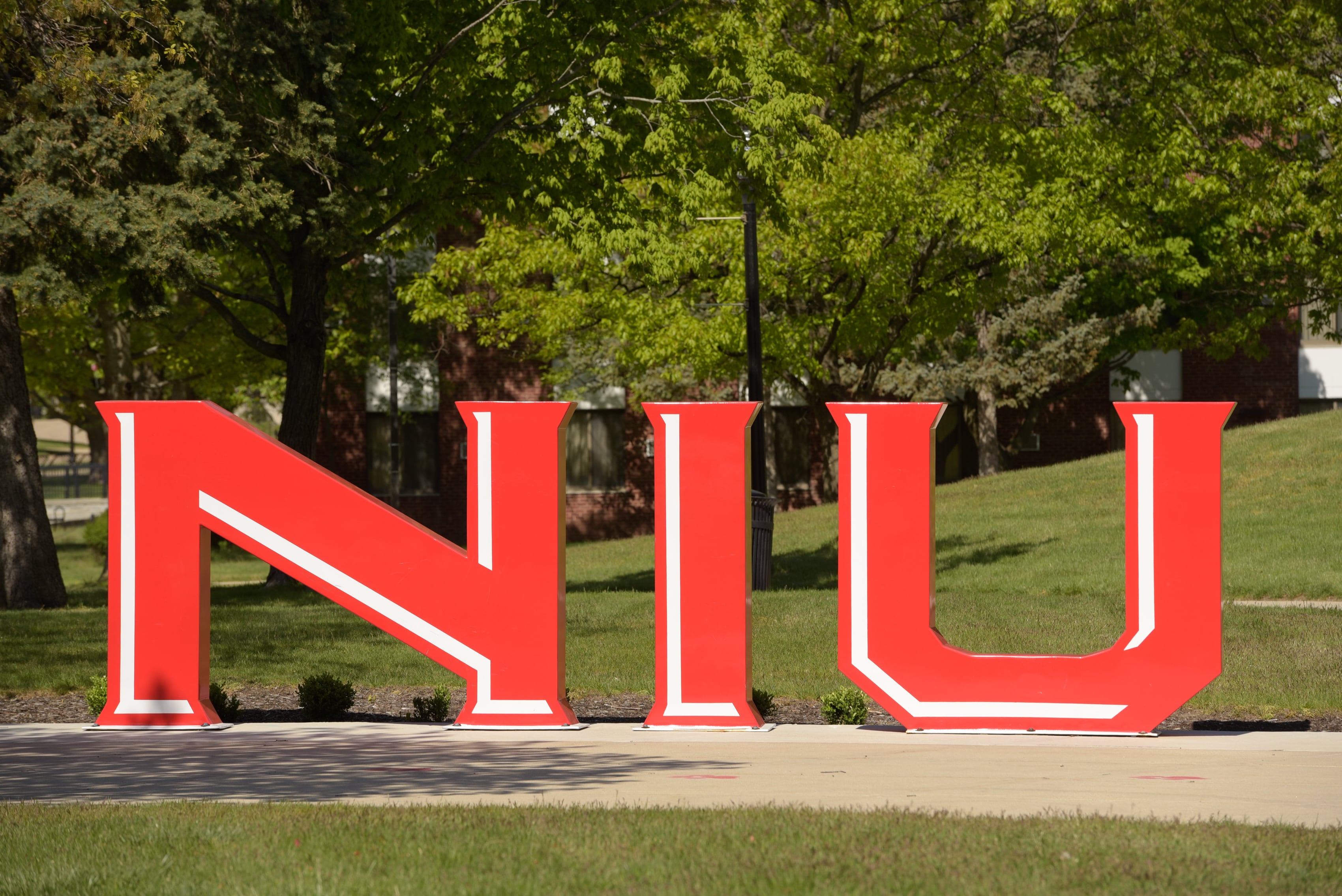 Northern Illinois University, large red NIU sign outside the Holmes Student Center in DeKalb, IL on Thursday, May 13, 2021.