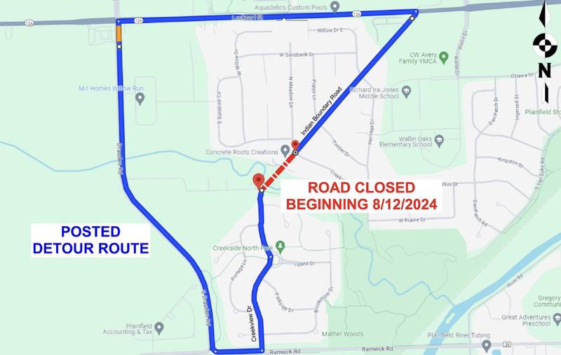 A map of the road closure and detour route in Plainfield for the Spring Hole Creek Culvert Replacement project. The closure of a section of Indian Boundary Road is expected to last three months.