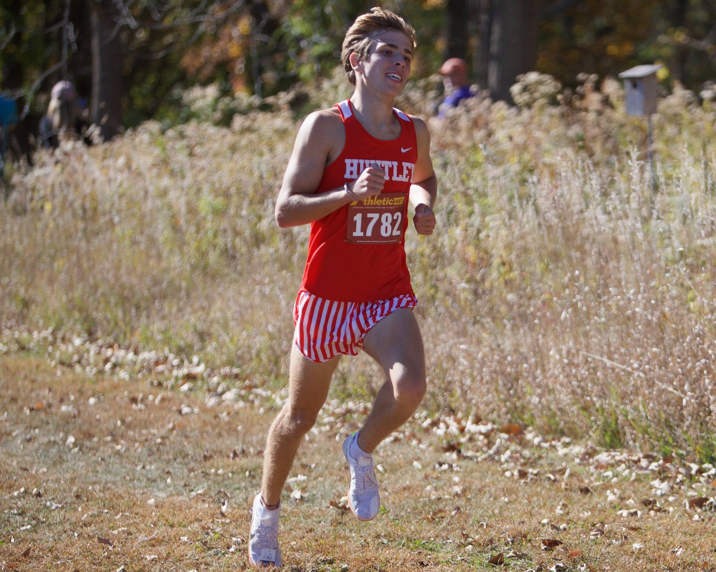 Huntley's Tommy Nitz  heads for the finish line at the Fox Valley Conference meet on Saturday, Oct. 19,2024 at Hickory Nut Grove Preserve in Cary.