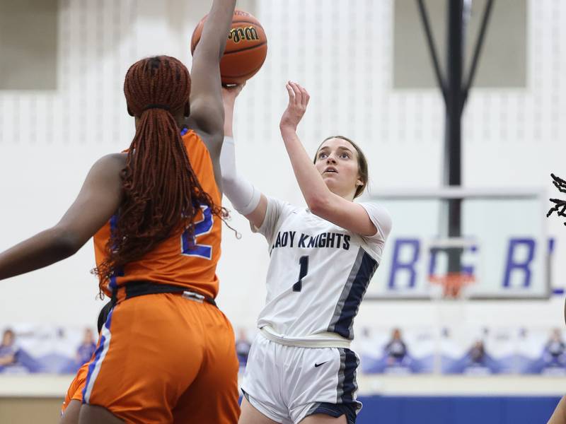 Fieldcrest’s Kaitlin White, shown here elevating for a shot, was one of two Illinois Valley area players earning Illinois Media All-State Team honors Wednesday, Feb. 28. 2024.