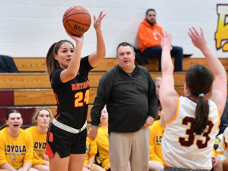 Batavia's Hallie Crane (24) shoots over Loyola's Paige Engels during a Coach Kipp Hoopsfest game on Jan. 13, 2024 at Montini Catholic High School in Lombard.