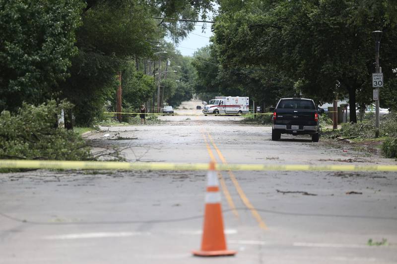 Several blocks along Second Avenue are closed off after a storm blew through Joliet Sunday morning, July 14, 2024.