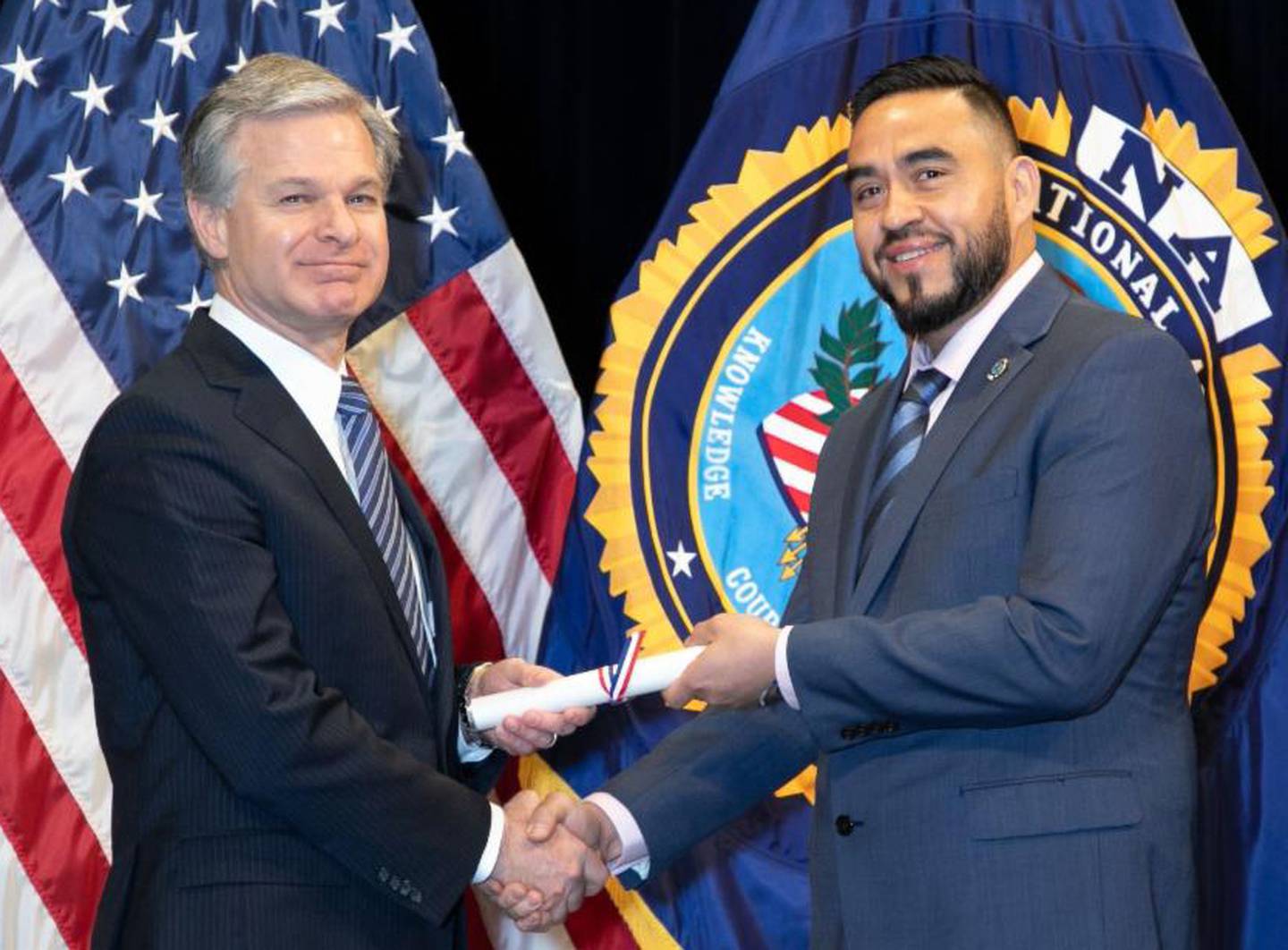 Village of Montgomery Police Department Comdr. Ismael Diaz and Director of the Federal Bureau of Investigation, Christopher A. Wray. (Photo provided by the FBI National Academy)